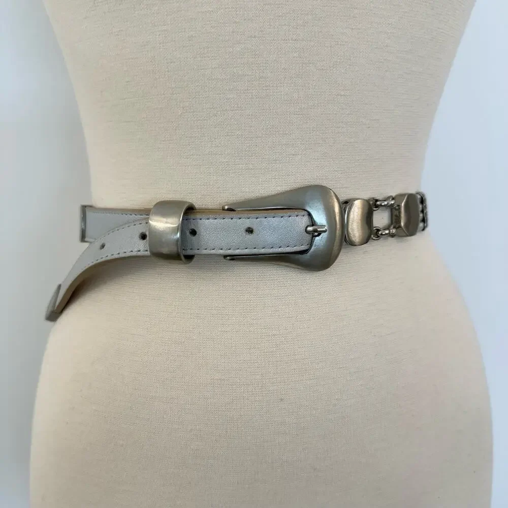 Cache Metallic Silver Leather and Stretch Chain Belt Size M 9705